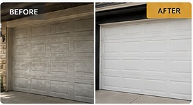 Before and after garage door restoration