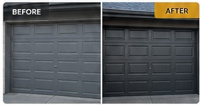 Before and after gray garage door restoration