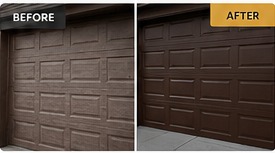 Before and after brown garage door restoration